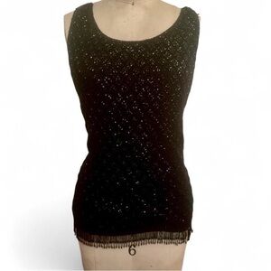 Vintage 1960s hand beaded fringe angora rabbit fur lambs wool sequin shell black